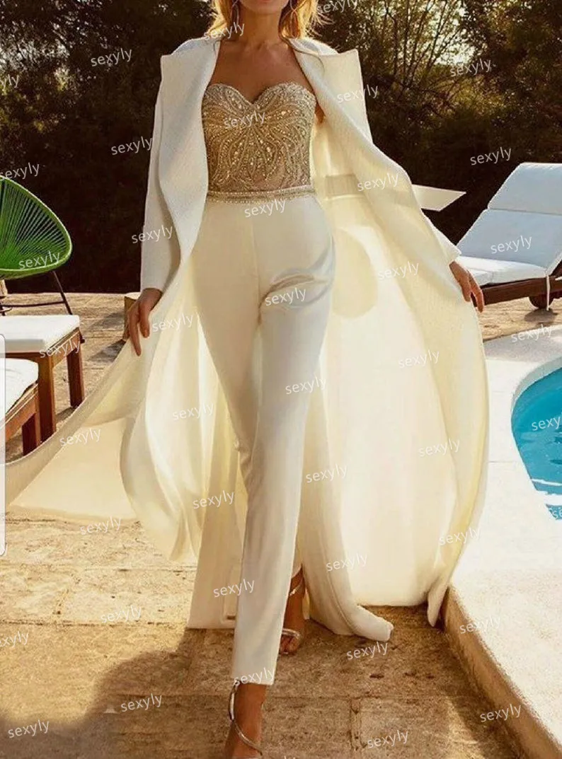 

Modern Jumpsuit Wedding Dresses With Overall Jacket 2021 Sweetheart Satin Pantsuit Outfit Country Garden Wedding Dress Crystal