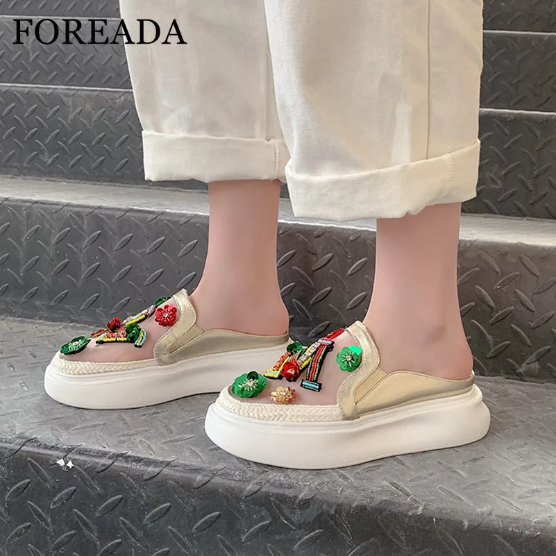 

FOREADA Women Mules Shoes Natural Genuine Leather Flat Platform Sandals Casual Bling Flower Round Toe Ladies Footwear Gold 34-39