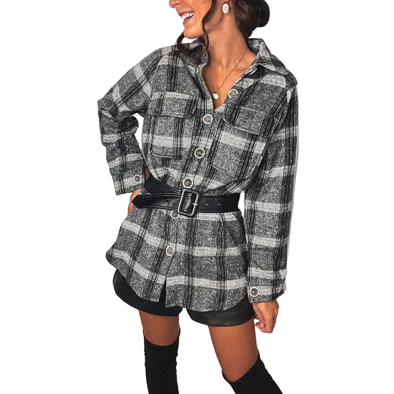 

2021 New Arrival Trendy Turndown Collar Plaid Print Long Sleeve Casual Jacket Women Medium Length Coat With Pocket