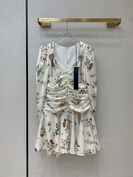 

2020 New Autumn Winter Diamond Printed V-Neck Pleated Slim Dresses Women Free Shipping