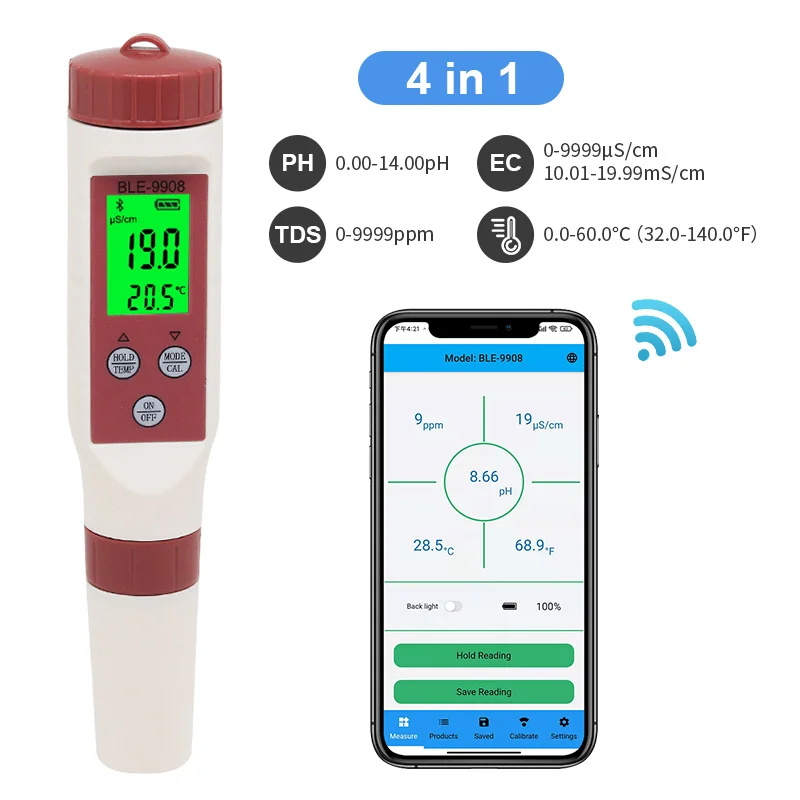Измеритель Качества Воды совместимый с зубами 4 в 1 PH/TDS/EC/TEMP | Инструменты