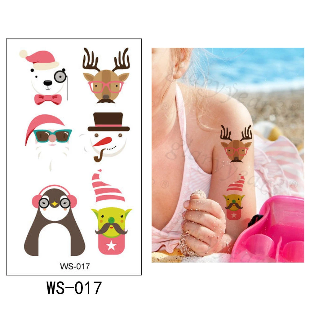 Яркие 1 лист, Рождественская Детская временная татуировка, стикер, Горячие Поддельные животные, макияж, вспышка, водонепроницаемый, Модный маленький боди-арт WS - Цвет: WS-017