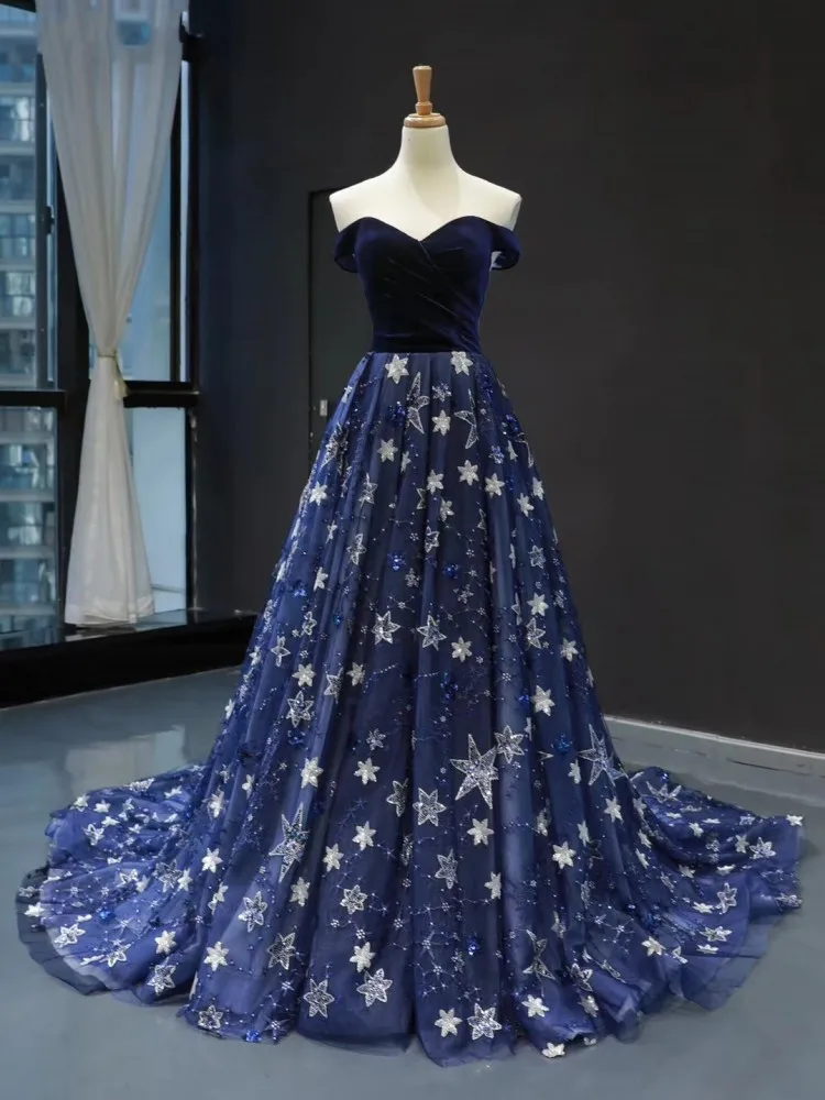 

DD JYOY Elegant Off Shoulder Evening Dress Long A Line Blingbling Star Pattern Lace Long Prom Party Gown Long Train Lace Up Back