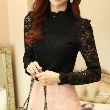 

Lace Blouses Women Stand Collar Long-sleeved Bottoming Shirt Ladies Slim Printed Fashion Breathable Blouse Elastic Fabric blusas