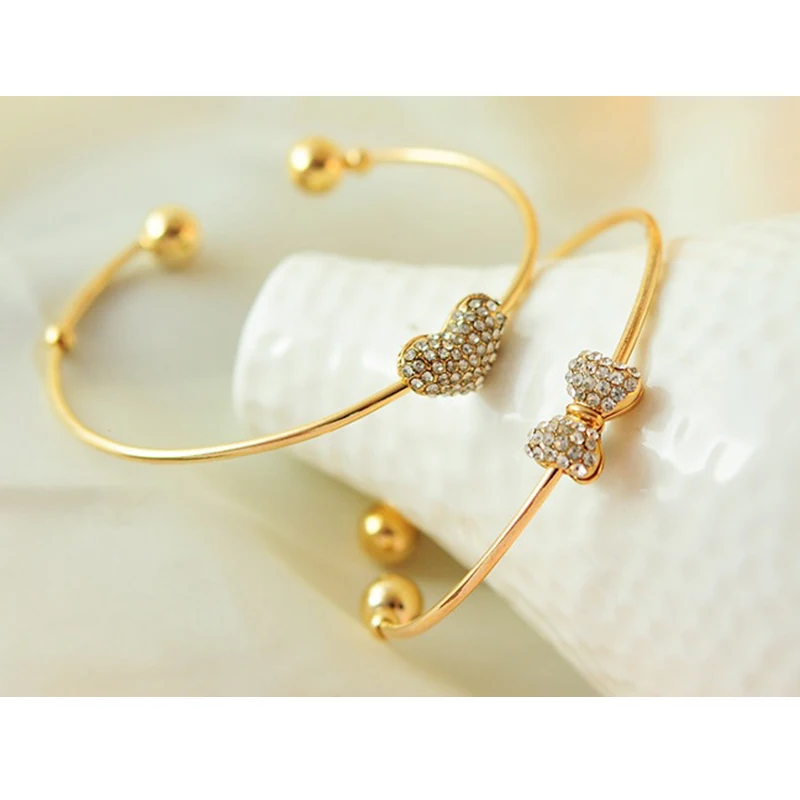 Women's Heart and Bowknot Cuff Bracelet Bangles Crystal Jewelry