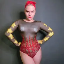 Сексуальное боди с огненным узором, женская одежда для ночного клуба, комбинезоны со звездами и кристаллами, верхняя одежда, костюм для танцев, костюм, платье для выступлений, DJ