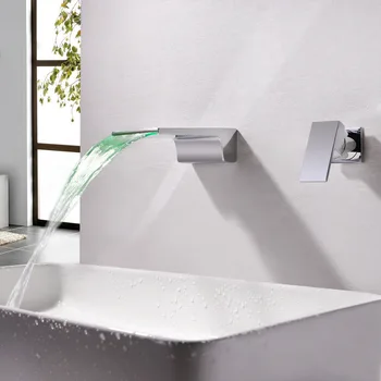 

Wall Mount Waterfall Basin Faucet Bathroom LED Faucet Brass Split Concealed Sink Faucet Temperature Control Light Faucet