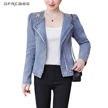 

Blue Vintage Slim Woman Denim Jacket With Hand Beading Spring 2020 Long Sleeve Streetwear Women's Jeans Coat Top Zipper Outwear