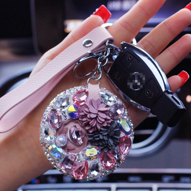 Llaveros de coche con diamantes de cristal y flores para mujer y niña,  llaveros creativos a la moda con espejo, colgante de llave, bolsa para  llaves, accesorios para coche - AliExpress