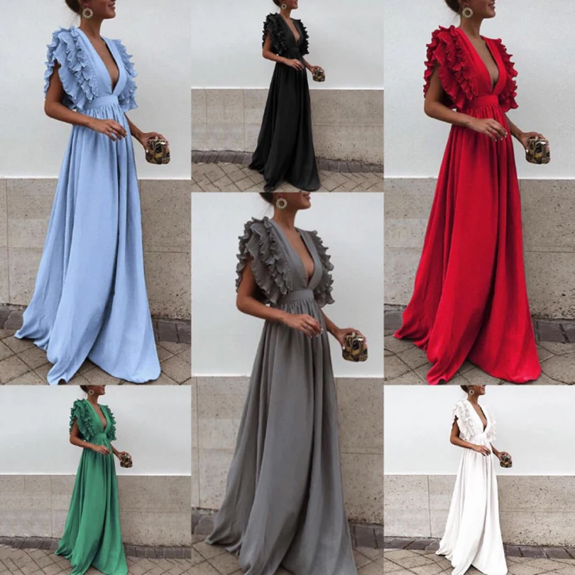 

Spring and summer new style European and American women's clothing Flying sleeves V-neck halter solid color dress