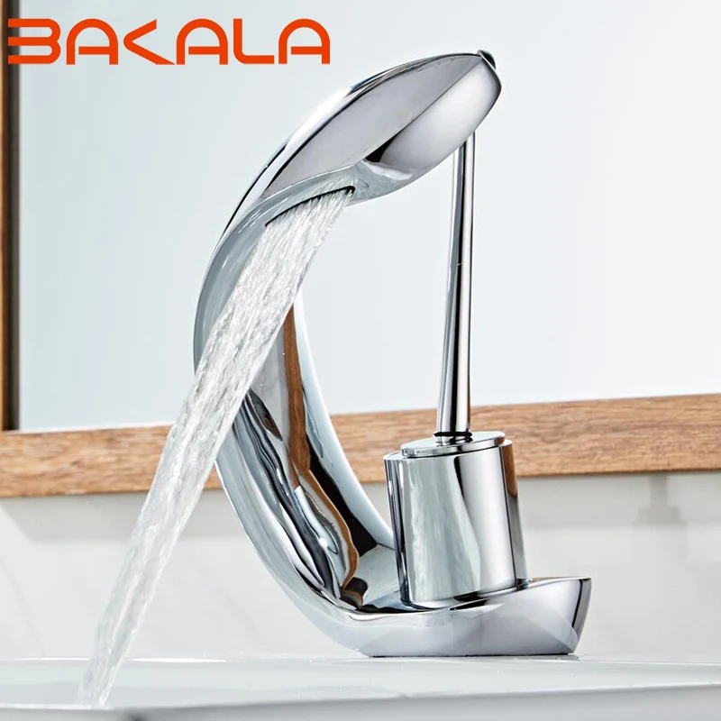 Copper Single Hole Hot and Cold Basin Mixer Faucet Creative Waterfall Water Outlet Bathroom Vessel Sink Mixer Taps BR-201910