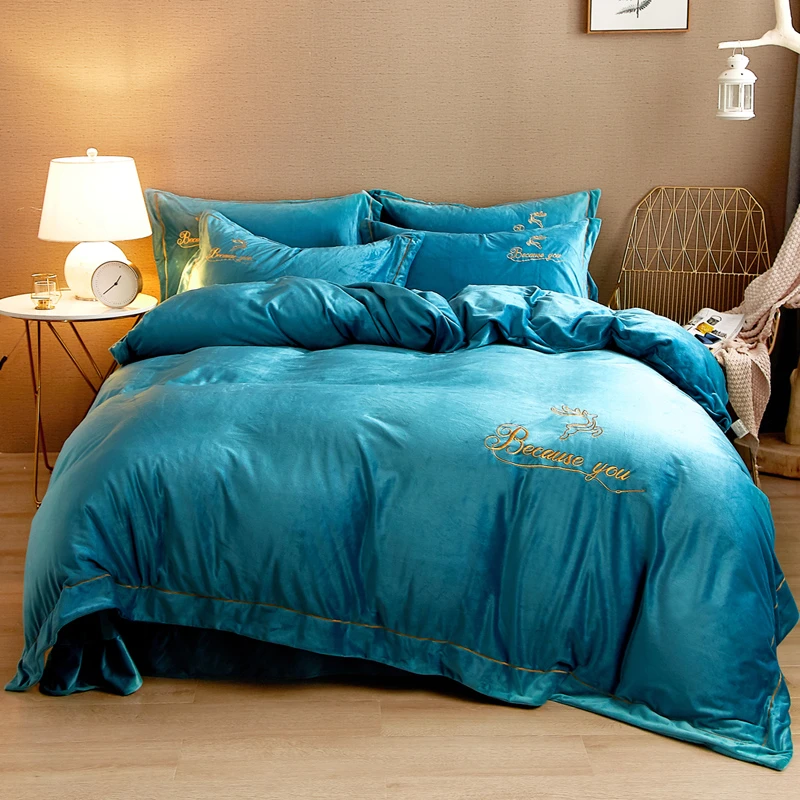 Fleece Velvet Luxury Soft Bedding Set Warm Flannel Embroidery Duvet