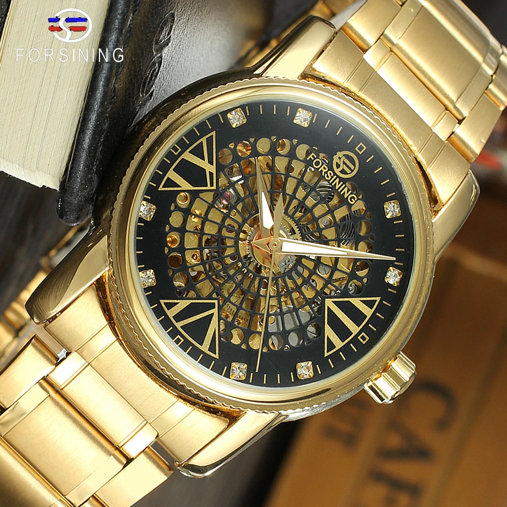 

Forsining Royal Golden Skeleton Diamond Display Men Transparent Creative Wristwatch Top Brand Luxury Steel Automatic Watch Clock