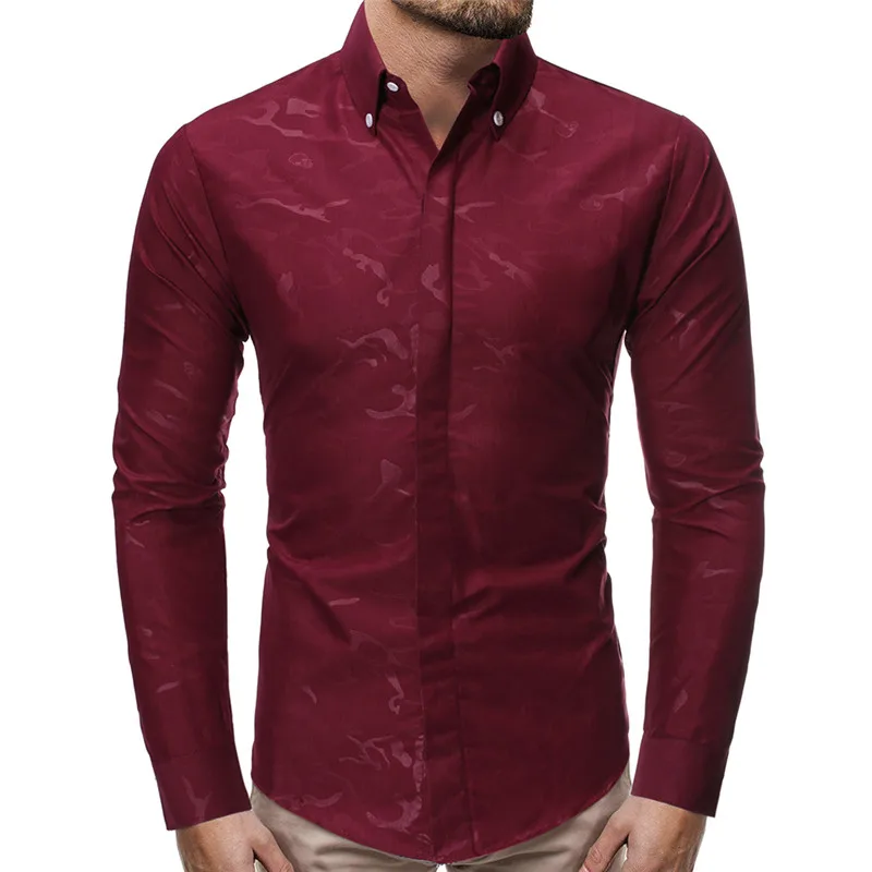 HuLooXuJi рубашки для мужчин с камуфляжным принтом с длинным рукавом Хлопок Slim Fit деловые вечерние блузки Размер США: xs-xl - Цвет: Красный