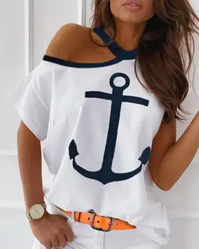 

Summer New Casual Tshirts Tee Tops Summer Wear Short Sleeve T-shirt Cold Shoulder Boat Anchor Print Casual T-shi