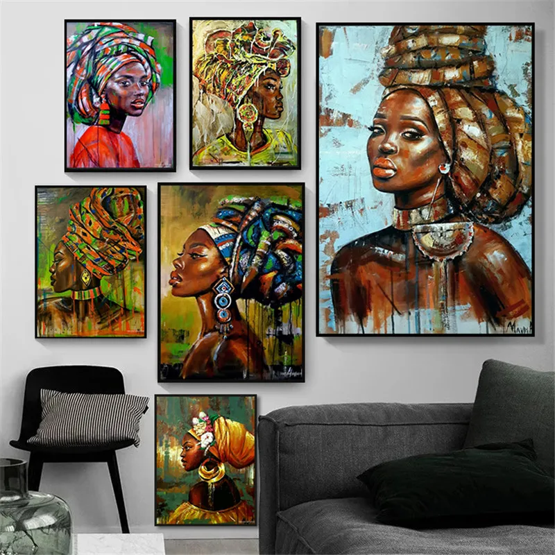 Colorful Canvas Paintings African Black Woman Graffiti Art Portrait Wall Posters Prints Abstract Girl Wall Art Pictures Decor
