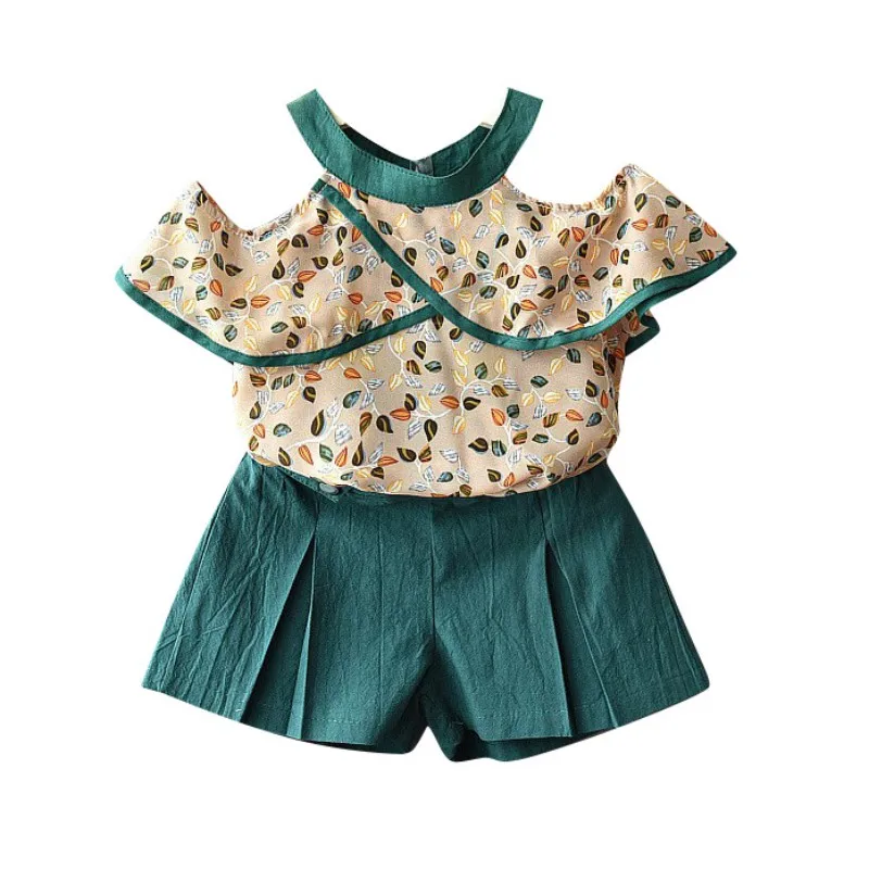 

New Casual Children Set 2-7Y Fashion Kids Girls Set Ruffle Baby Girls Chiffon T-shirt Tops+Solid Shorts
