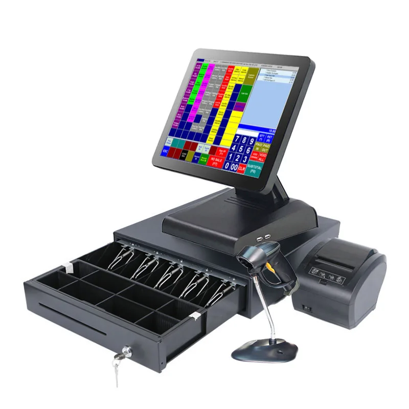 

Розничная продажа 15-дюймовый сенсорный экран POS-машина с принтером/ящиком для наличных денег/считывателем штрих-кодов все в одном ПК система