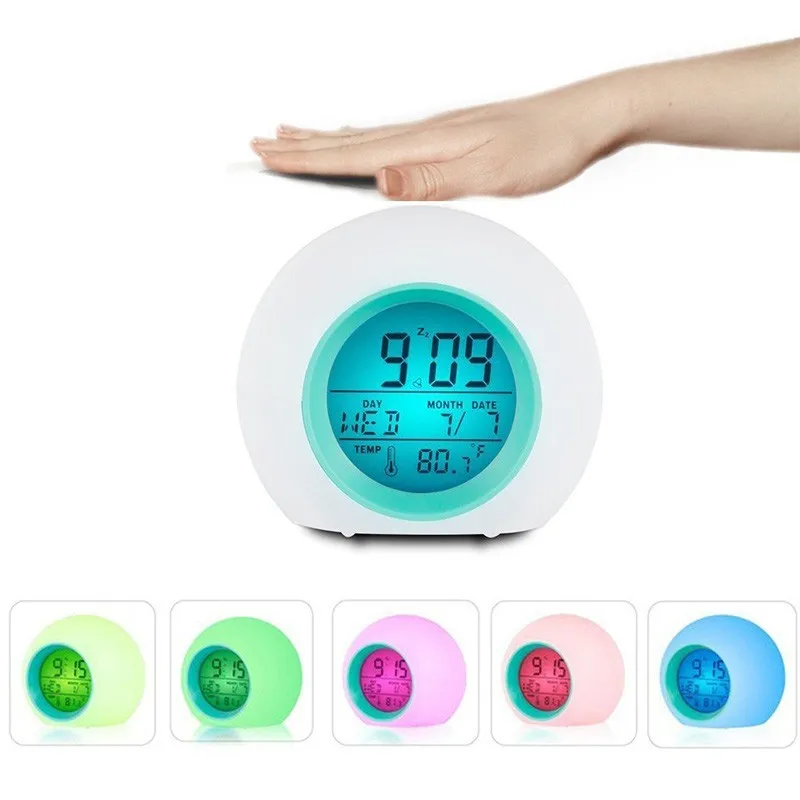 Круглый Цветной световой цифровой будильник, термометр, календарь, светодиодный дисплей, электронные настольные часы, функция повтора сигнала