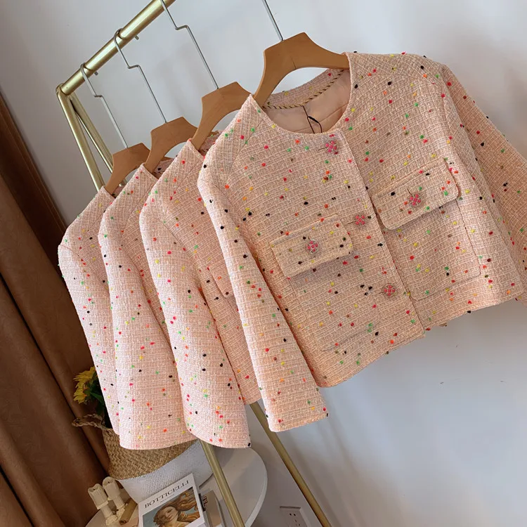 Very best  Runway Pink Tweed Coat 2019 Fashion Autumn Round Neck Single Breasted Pockets Cropped Top Jacket An