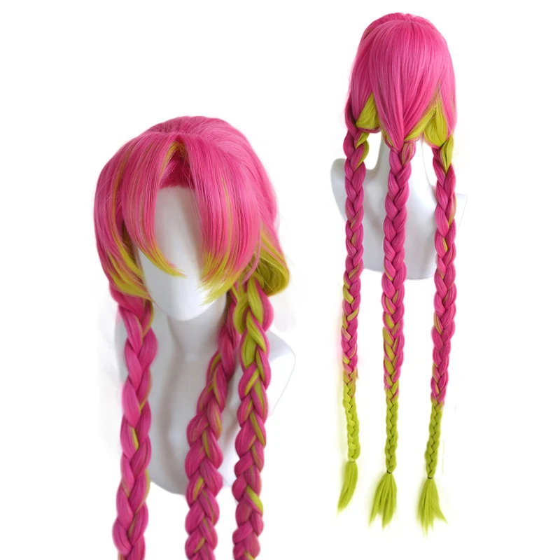 

Demon Slayer Kimetsu no Yaiba Kanroji Mitsuri Cosplay Wig Long Braids Heat Resistant Synthetic Hair Wigs + Wig Cap