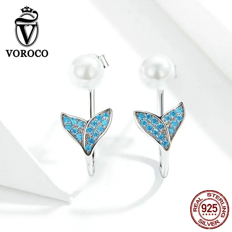 VOROCO 925 пробы серебряные серьги гвоздики синий океан хвост русалки жемчужные серьги циркон прозрачный CZ дизайн BKE761