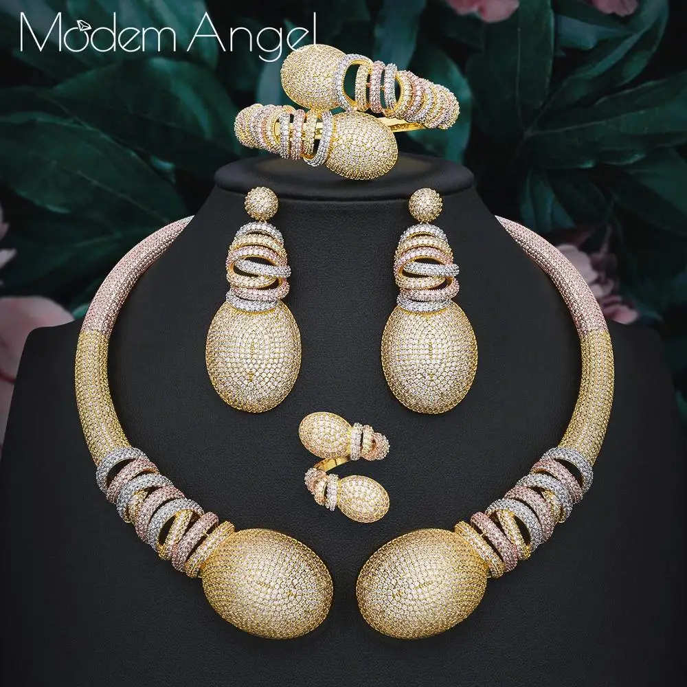 ModemAngel Роскошный цветок кубического циркония Африканский индийский ожерелье серьги набор Дубай нигерийские Свадебные Ювелирные наборы для женщин невесты - Окраска металла: three-colour