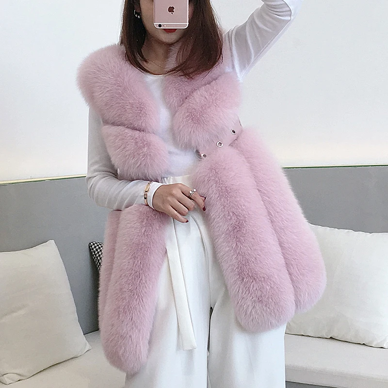 Pink Коллекция года, женская одежда зимний жилет из натурального Лисьего меха для женщин длинный жилет из натурального меха для девочек, жилет, куртка, 1013 - Цвет: Pink