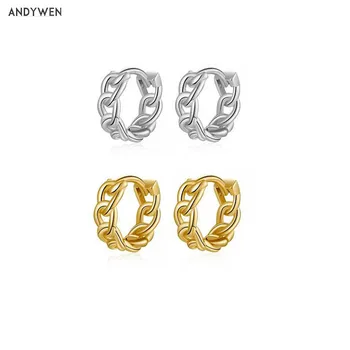 ANDYWEN 925 Sterling Silver 9mm Screw Huggies Locker Hoops Rock Punk Loops Circle Round Open Women Luxury Crystal Jewelry