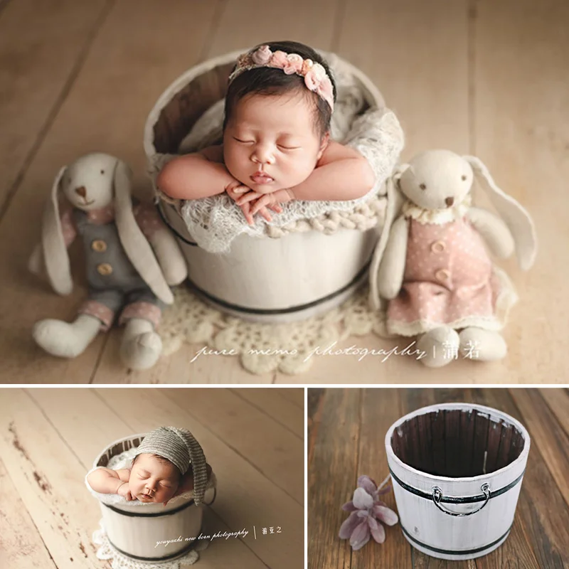 Newborn Baby Photo Props White Vintage Solid Wood Bucket Container Box Accessory Baby Photo Shoot Posing Basket Baby Prop Chair