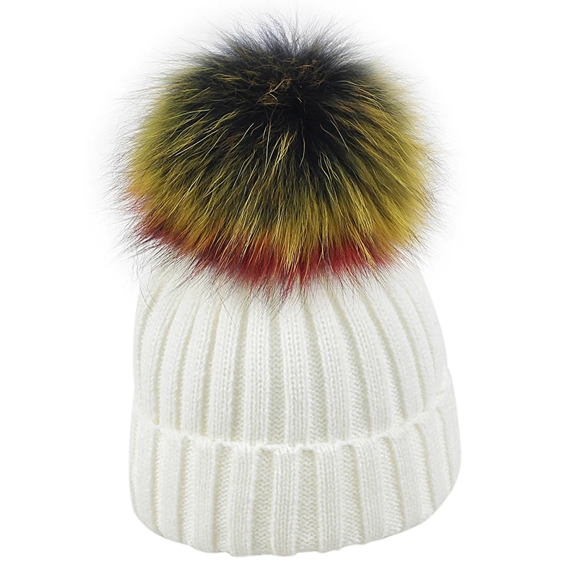 Geebro/мягкие зимние шапки с помпоном из натурального меха для маленьких мальчиков и девочек, детский акриловый ребристый вязаный шапочки, шапки и шапки - Цвет: white C