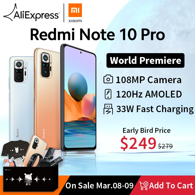 [World Premiere In Stock] Global Version Xiaomi Redmi Note 10 Pro Smartphone 108MP Camera Snapdragon 732G 120Hz AMOLED Display