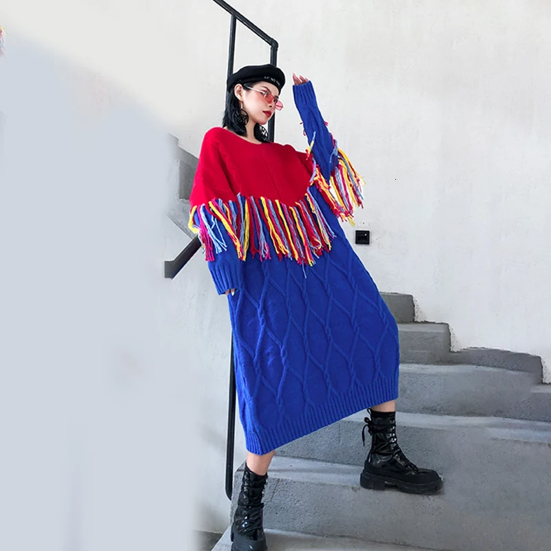 [EAM] женское Красное вязаное платье большого размера с кисточками, новинка, круглый вырез, длинный рукав, свободный крой, мода, весна-осень 19A-a4