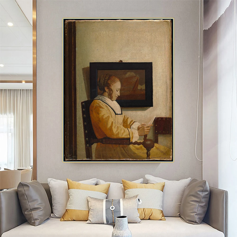A Young Woman Reading by Johannes Vermeer Canvas Oil Painting Artwork Poster Picture Wall Decor Home Living room Decoration | Дом и сад