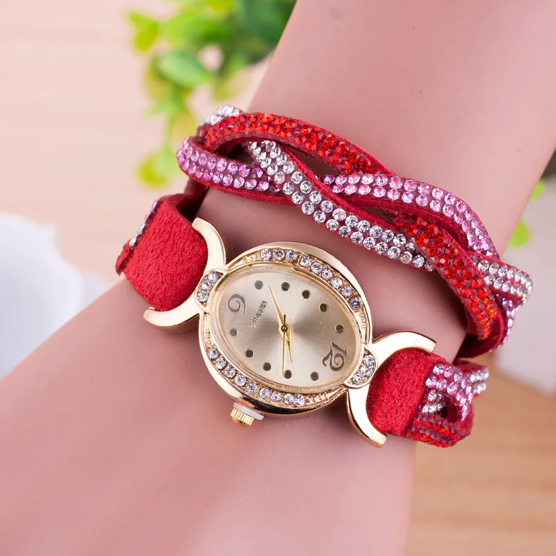

Quartz Casual Women's Fashion Bracelet Watch Rhinestone Suede Braided Bracelet Egg-Shaped Ellipse Gold Table