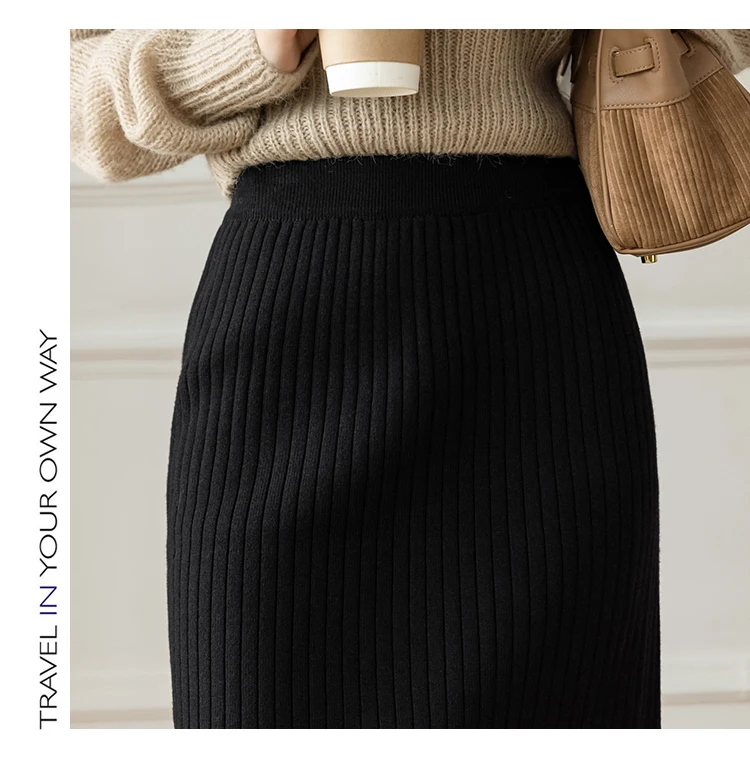 New Korean Autumn Winter Fashion Solid High Waisted Kintting Formal Pencil Skirt Elegant Ladies Women Skirts crop top and skirt