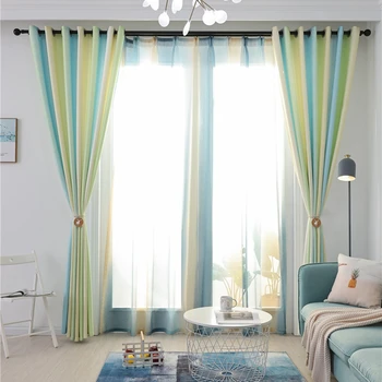 

High Shading Punched Window Curtain Nordic Color Striped Blackout Cotton Line Curtain for Living Room Bedroom Decoration