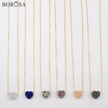 

BOROSA 5Pcs Heart Shape Rainbow Titanium Natural Druzy Beads 16.5~17 inch Adjustable Necklace Jewelry Factory Outlet G1889
