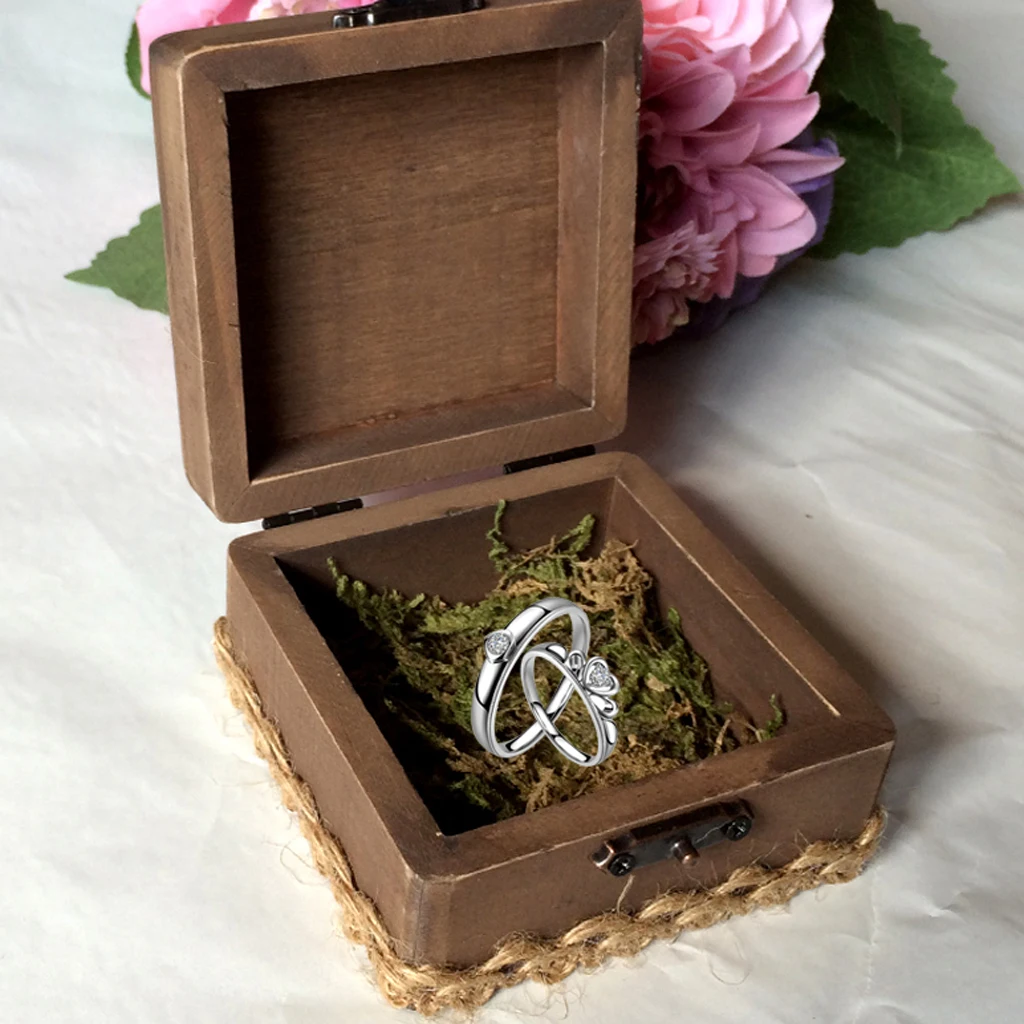 Wedding Ring Bearer Box w/ Heart Decor Wood Display Jewelry Ring Holder Case