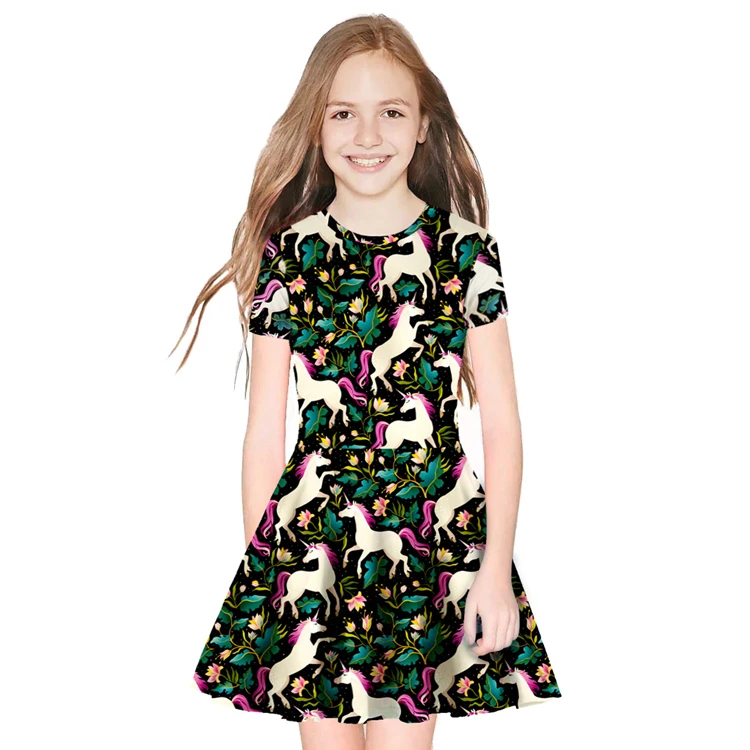 Радужное платье с единорогом летнее платье с короткими рукавами и 3D принтом для девочек от 10 до 12 лет, детское платье принцессы Детский костюм