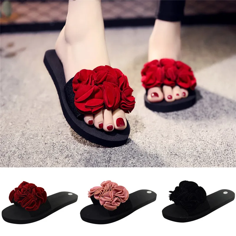 

Ladies Beach Shoes Seaside Vacation Non-slip 1cm Flat Cloth Flower Slippers Summer Leisure Fashion Wild Lady Slippers