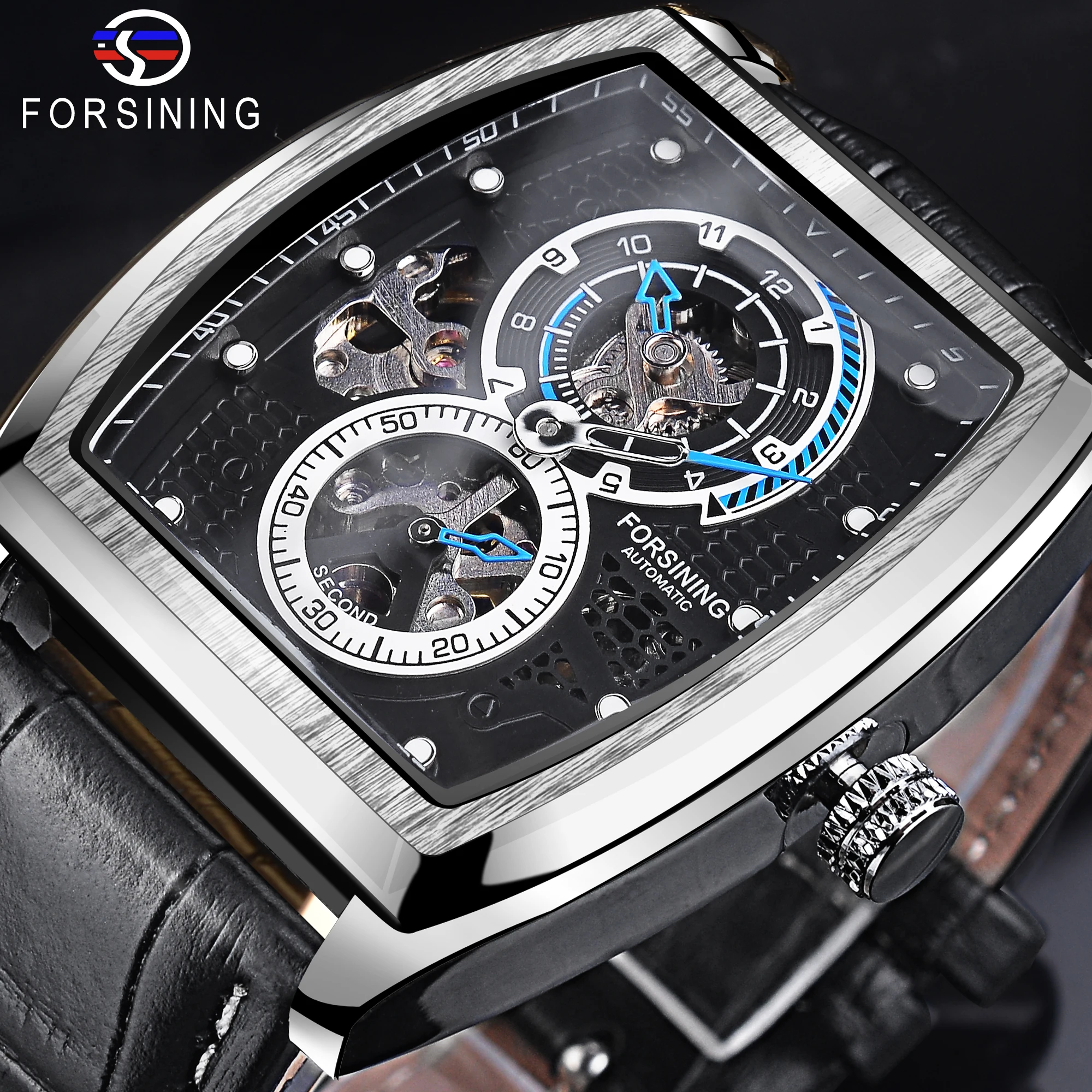 Forsining Black Dial Waterproof Automatic Mechanical Watch Skeleton Rectangle Military Watches With Bule Pointer Genuine Leather