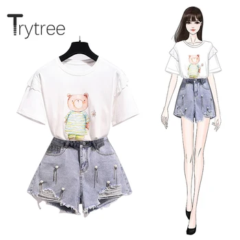 

Trytree 2020 Summer Two piece set Casual O-neck Cartoon Little Bear Top + Short Lace Patchwork Bead Pockets Fashion 2 Piece Set