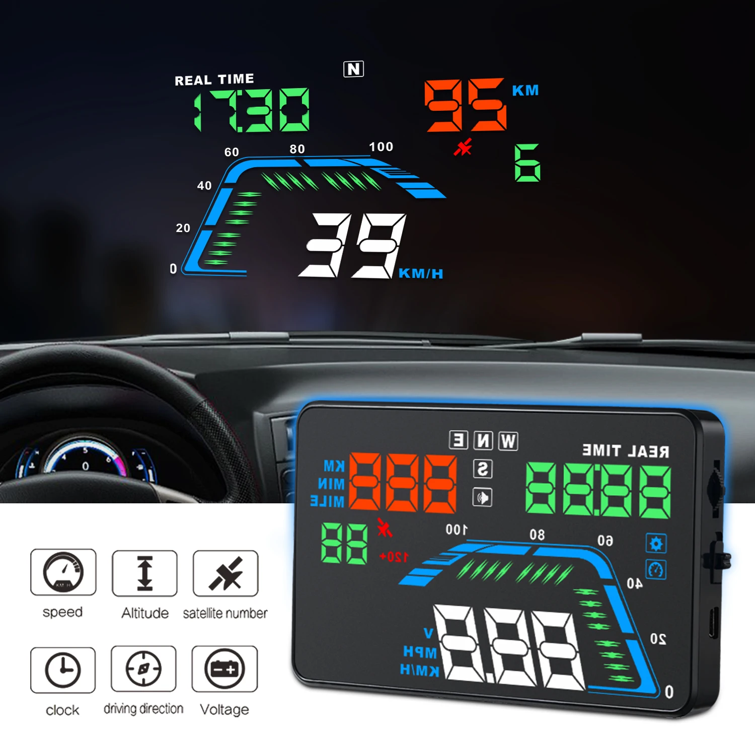 Geyiren  HUD  ÷ ӵ, GPS Q7   ,   ٱ ÷, ӵ MPH KM/H