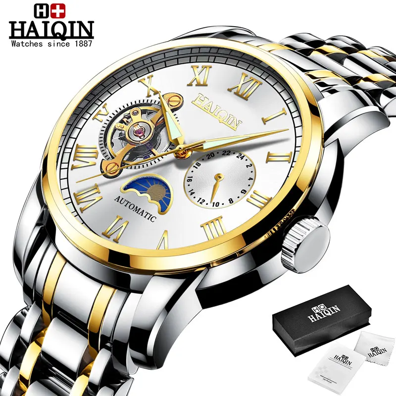 Gold-White HAIQIN повседневные мужские механические часы, военные спортивные наручные часы, Топ бренд, роскошные часы, мужские часы с турбийоном, erkek kol saati - Цвет: Gold-White