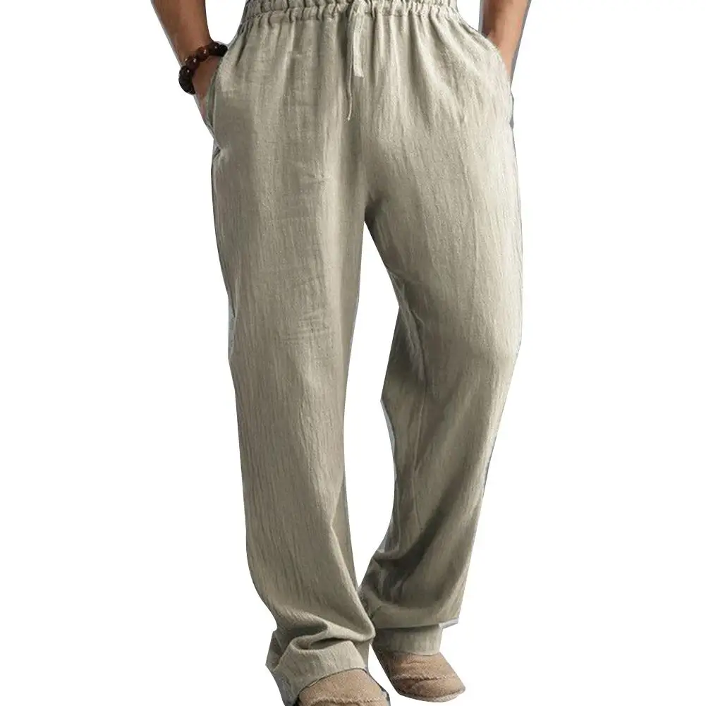 Plus Size Men Cotton Linen Long Pants Elastic Waist Loose Straight Trousers Summer Breathable Slender Casual Sports Pants 5XL men casual pants