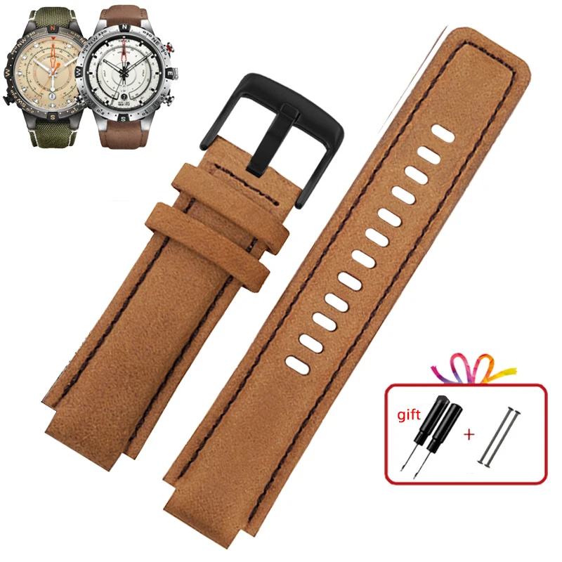Premium Genuine Leather Watch Strap with Canvas Accents - Men's Convex Mouth Design
