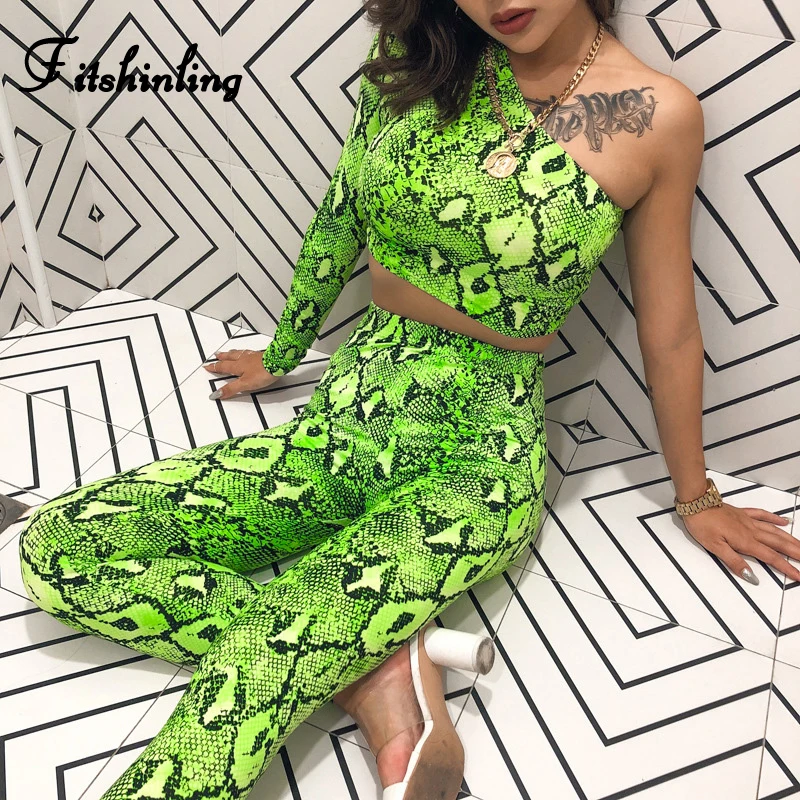 

Fitshinling Snake Print Neon Green Tracksuit Women Clothing 2019 One Shoulder Crop Top Pants 2 Piece Set Fitness Athleisure Suit