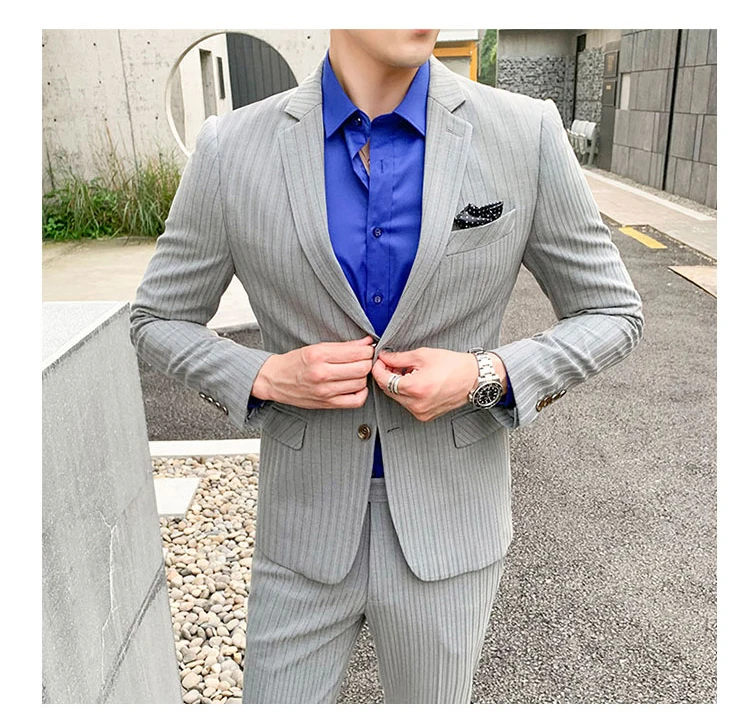 Мужской модный пиджак в синюю полоску, брюки, два предмета, жених, мужской свадебный костюм, мужские костюмы, последние модели пальто, брюки