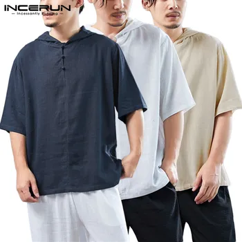 

INCERUN Vintage Men Hooded T Shirt Half Sleeve Cotton Linen Solid Color Tops Casual Chinese Style T-shirts Men Loose Camiseta